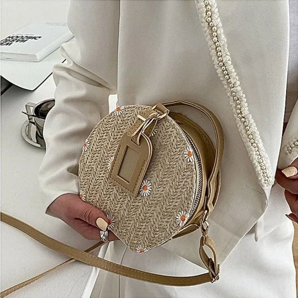 Daisy Flower Embroidered Round Straw Crossbody Bag in Khaki - Picture 1 of 9
